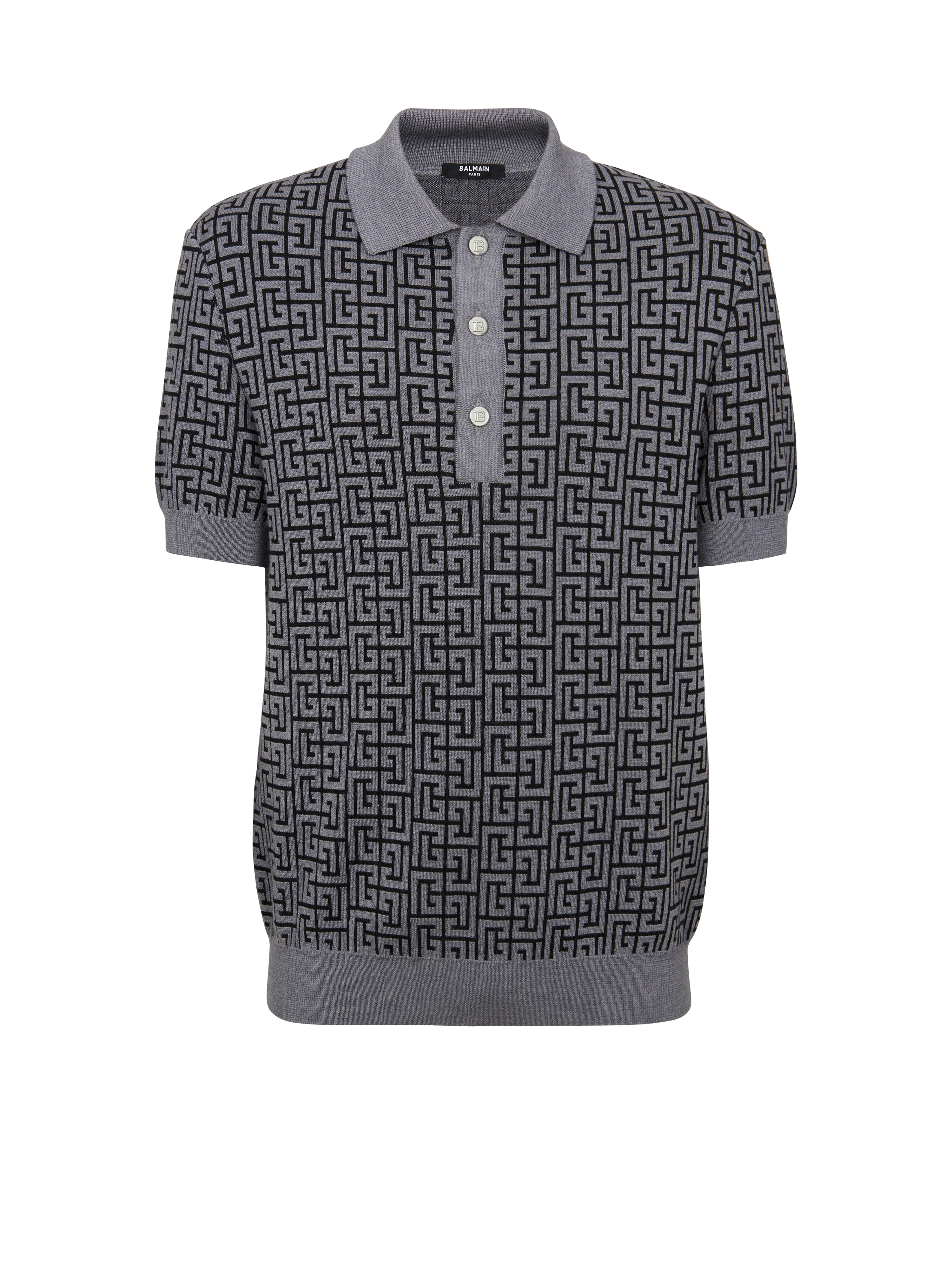Wool polo shirt with Balmain monogram, grey