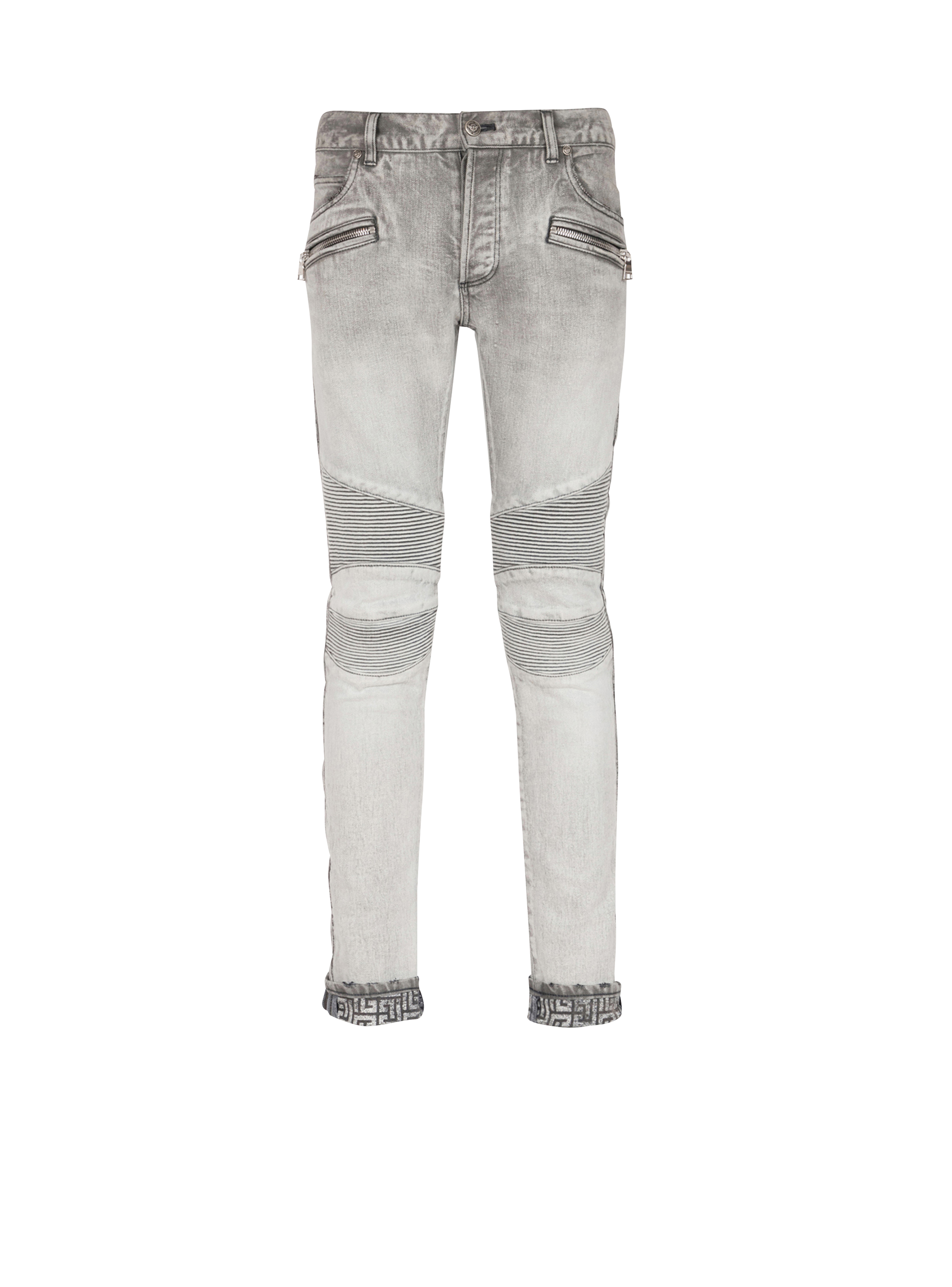 Slim cut faded and ridged light gray cotton jeans with Balmain monogram on hem, grey