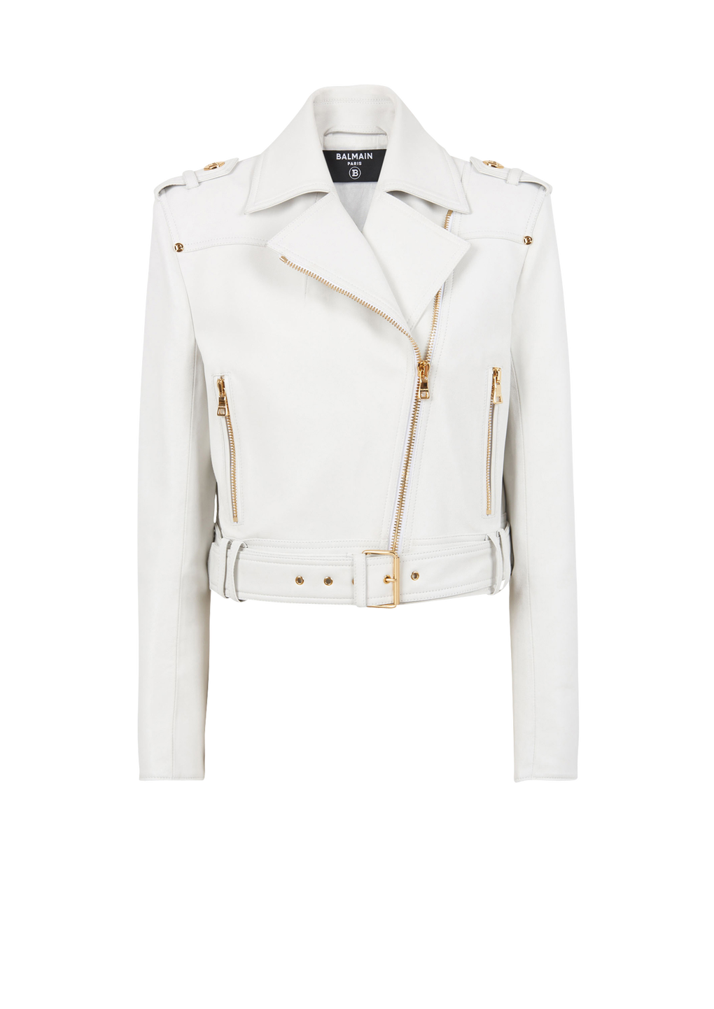 Cropped leather biker jacket, white, hi-res