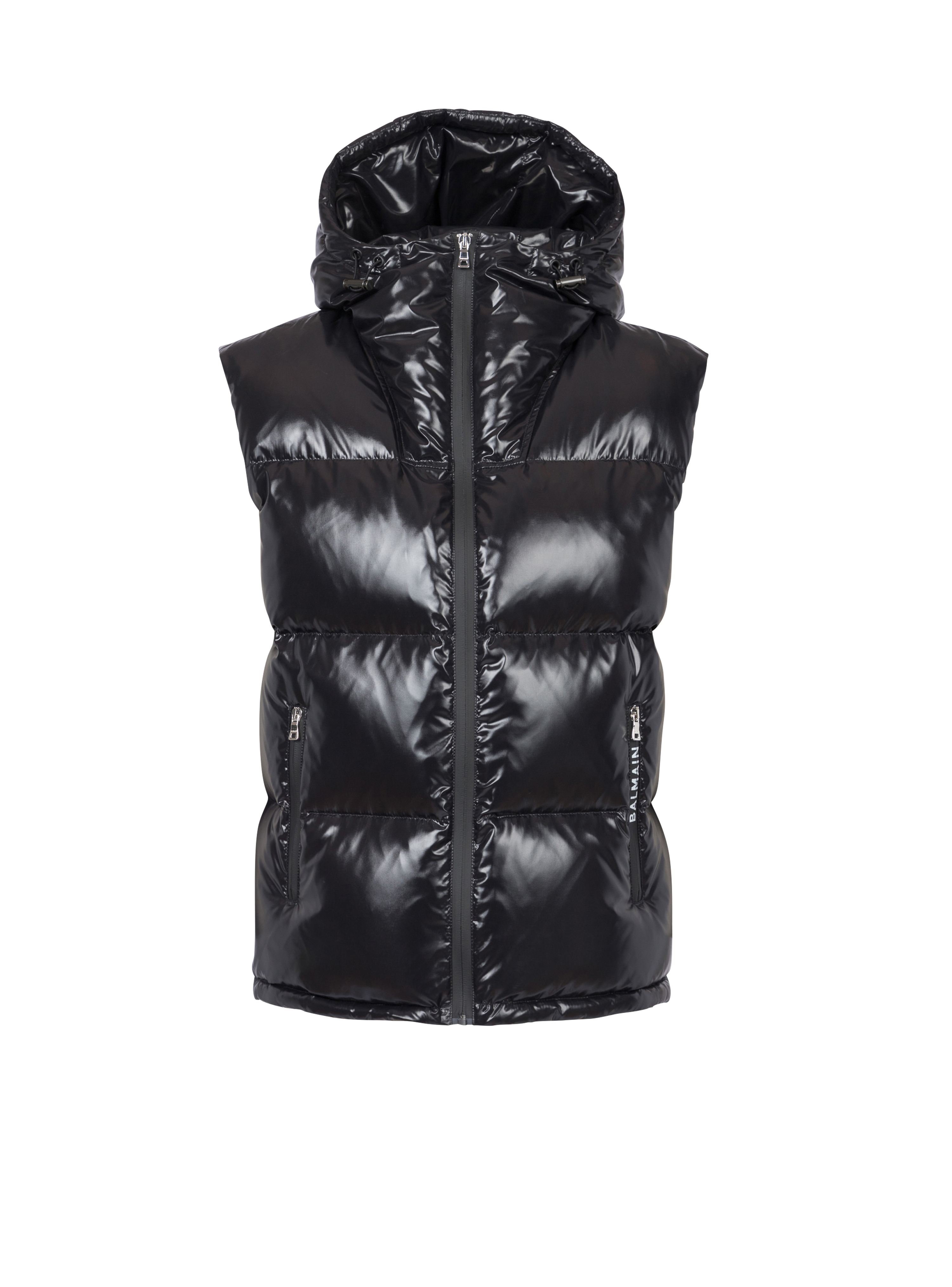 Hooded nylon quilted vest, black