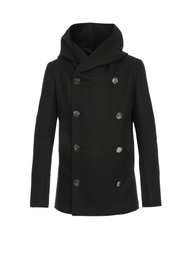 Wool hooded pea coat with double-breasted silver-tone buttoned fastening