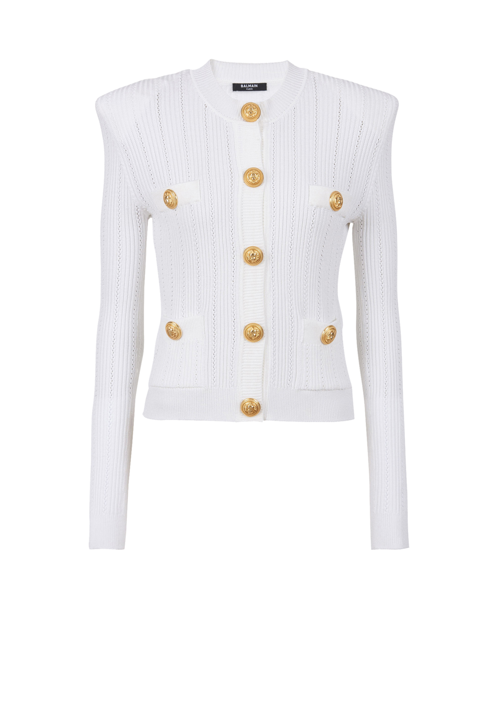 Cropped eco-designed knit cardigan with gold-tone buttons, white, hi-res