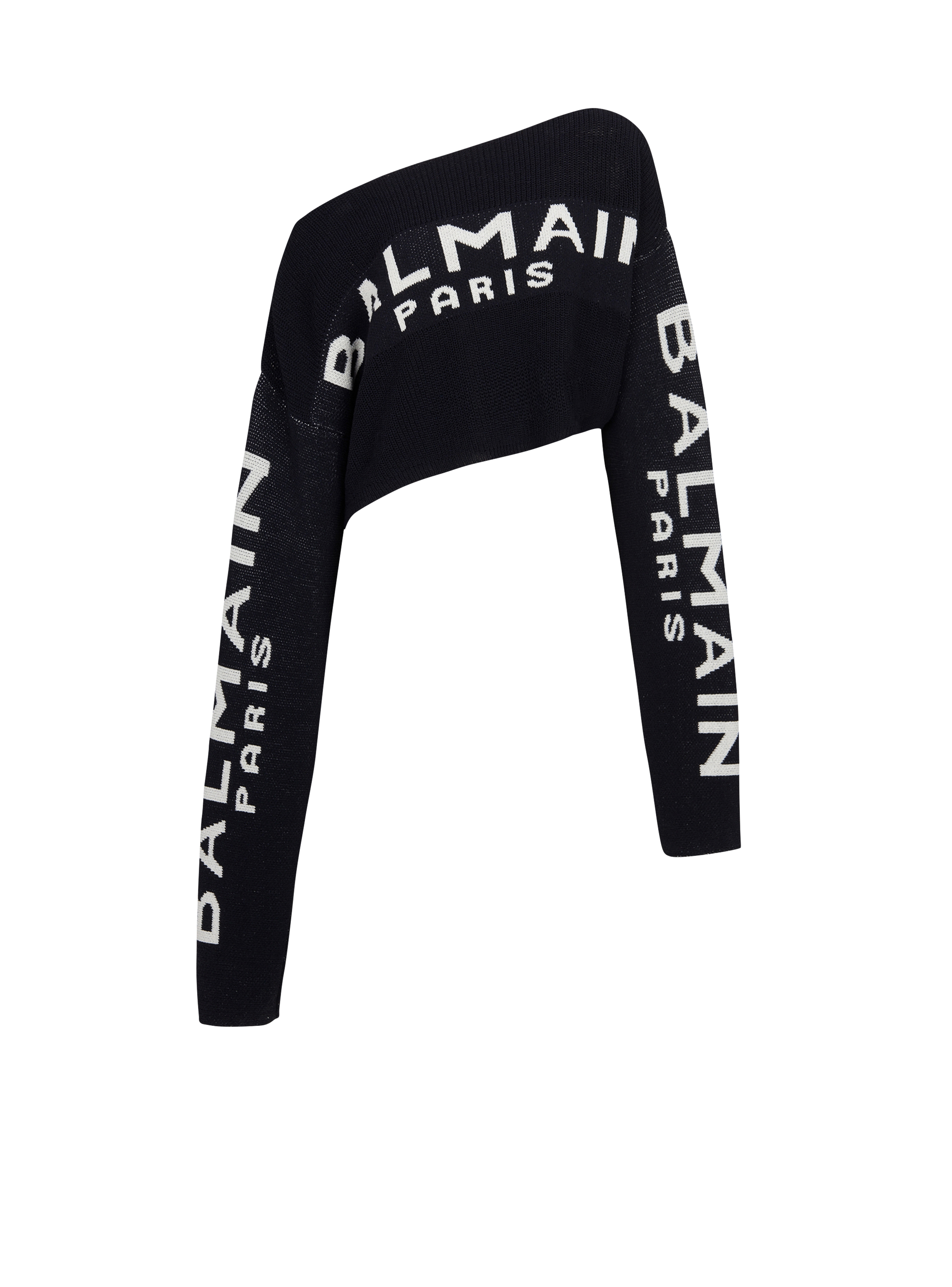 Cropped knit sweater with graffiti Balmain logo print, black