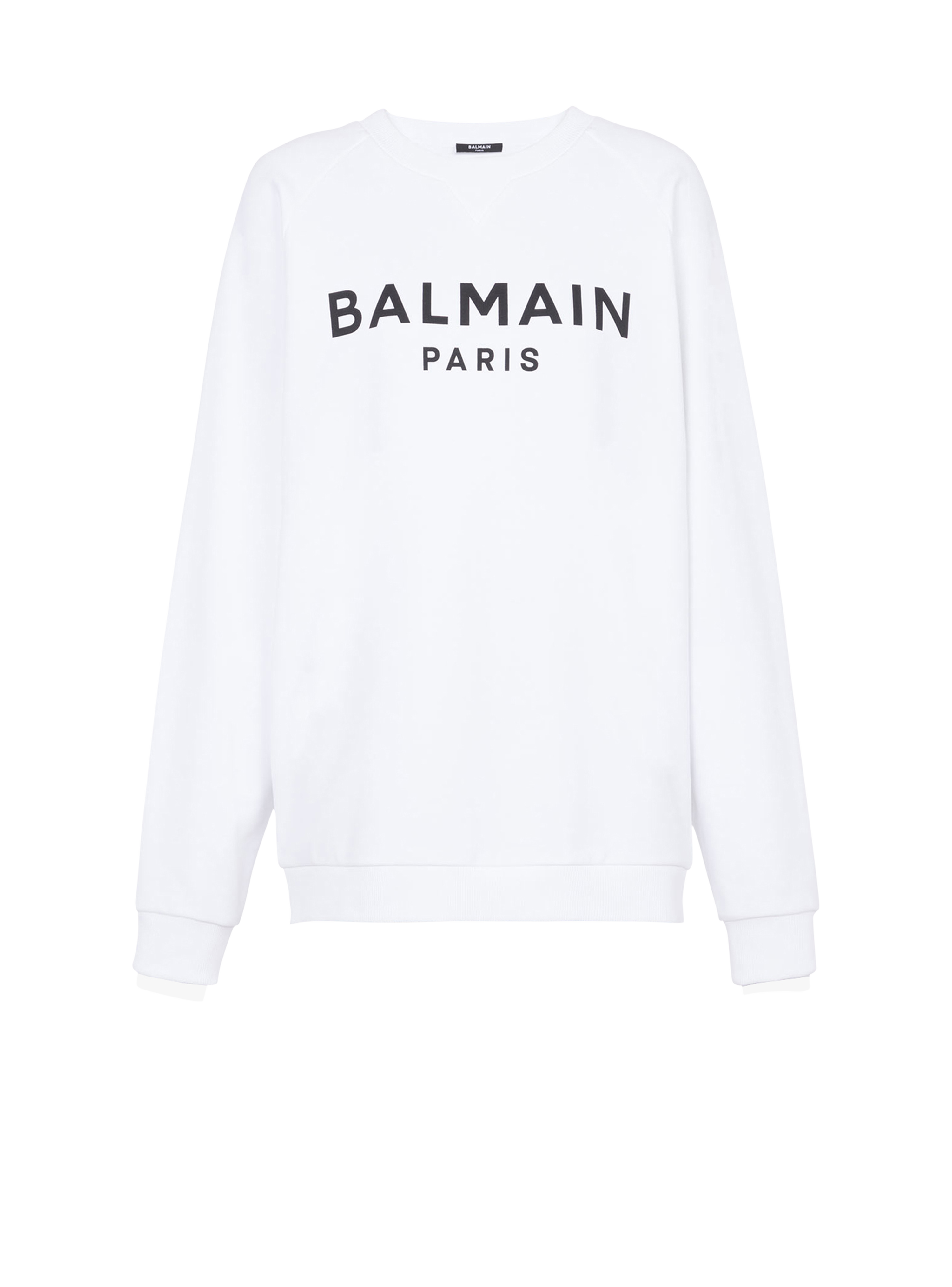 Eco-designed cotton sweatshirt with Balmain Paris logo print, white