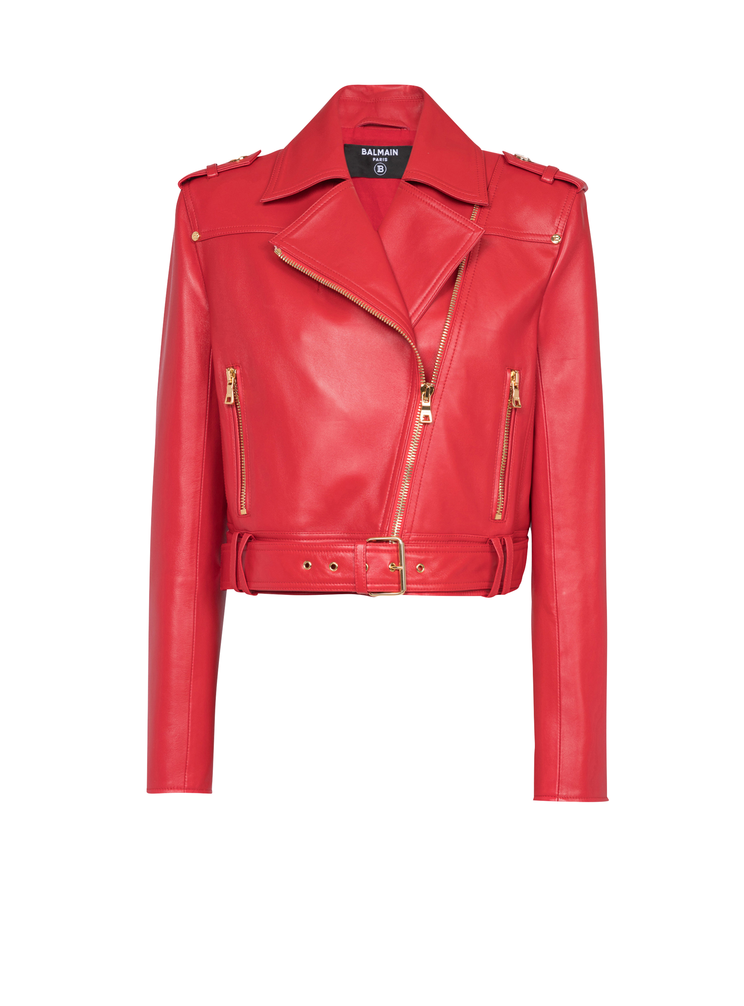 Cropped leather biker jacket, red